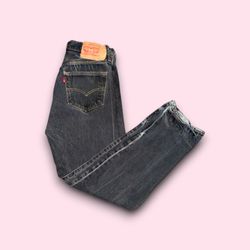 LEVIS 501 Button Fly Men's 33 x 34 Gray Black Denim Jeans Distress Red Tab