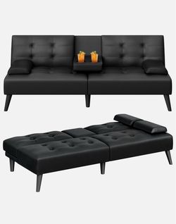 Black Faux Leather Futon Sofa with Cup Holders