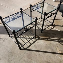 ​Pair of Black Wrought Iron & Glass Side Tables