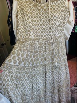 Stunning Off-White & Gold Heavily Embroidered Indian Anarkali Gown / Dress