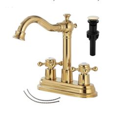 GGStudy Bathroom Faucet Polished Gold 2 Handles 4 Inches Centerset RV Vanity With Drain Assembly and Supply Hose