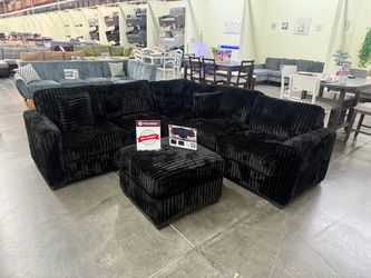Poundex Black Corduroy Sectional Sofa with Ottoman
