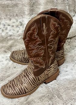 Roper Zebra Glitter Western Cowgirl Boots - Brown & Gold Square Toe