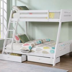 Brand New White Twin Over Full Bunk Bed w Trundle Drawers 