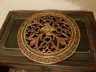 art;circular plate;copper and gold tones;diameter 14 in-$10