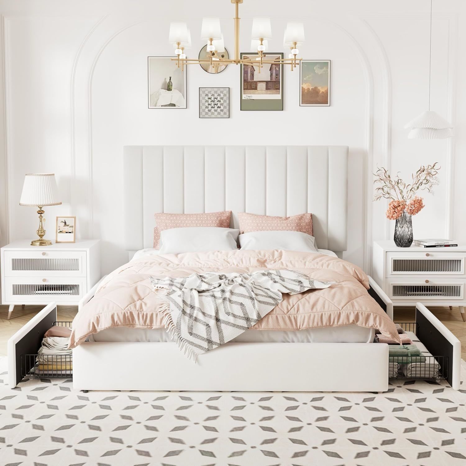 Full Size Storage Bed Frame, Vertical Channel Tufted Adjustable Headboard, Velvet Upholstered Platform Bed with 4 Oversized Underbed Drawer