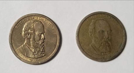 Two 2011-P United States Presidential $1 coins: Rutherford B. Hayes & James A. Garfield
