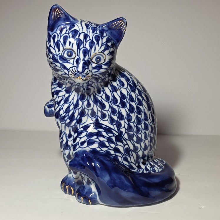 Cat Figurine Blue and White 10"