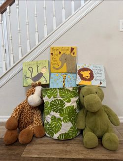 Safari Nursery Decor Bundle – Plush Animals, Wall Art, Rug & Storage Bin