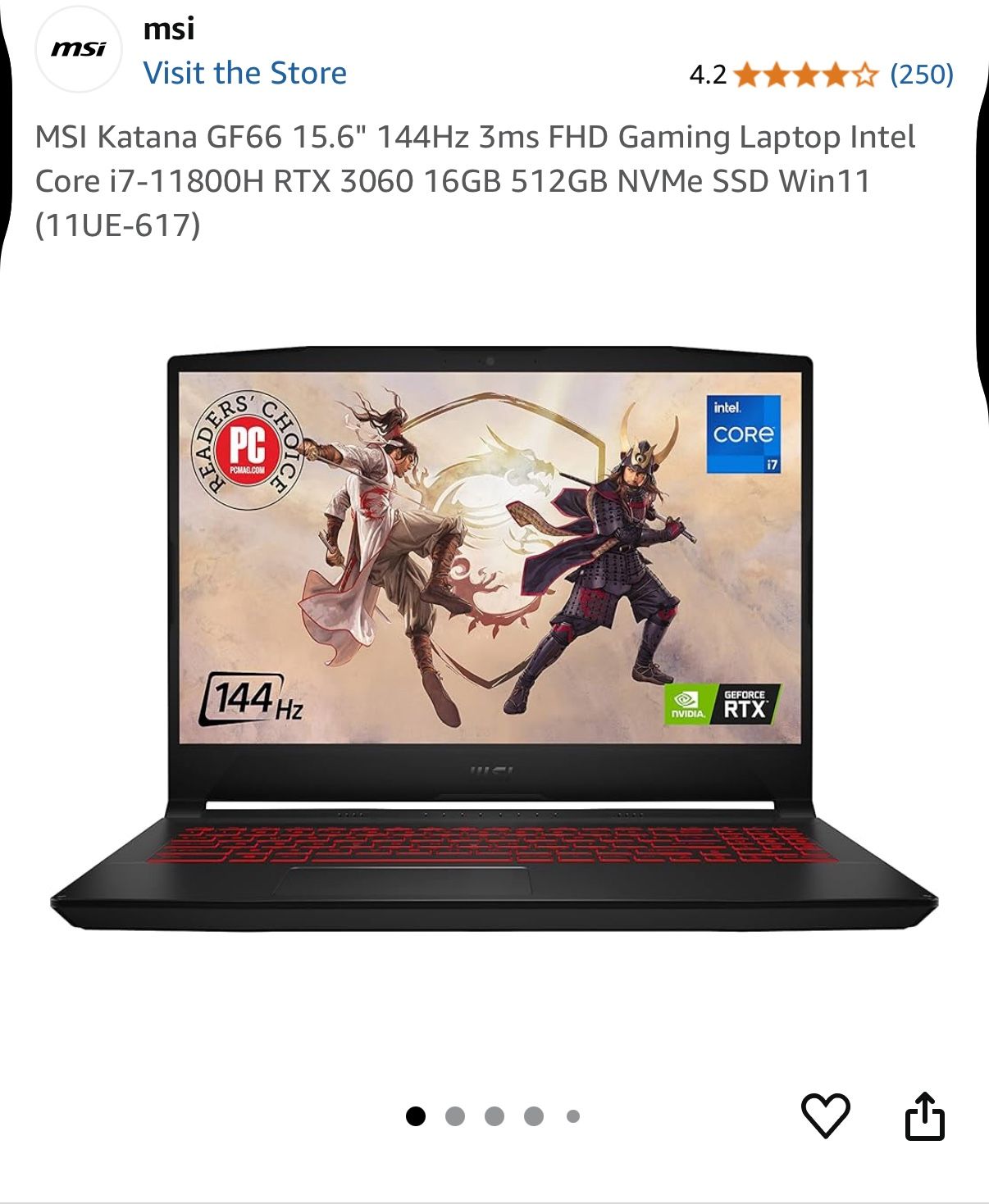 MSI Katana GF66 15.6" 144Hz 3ms FHD Gaming Laptop Intel Core i7-11800H RTX 3060 16GB 512GB NVMe SSD Win11 (11UE-617)