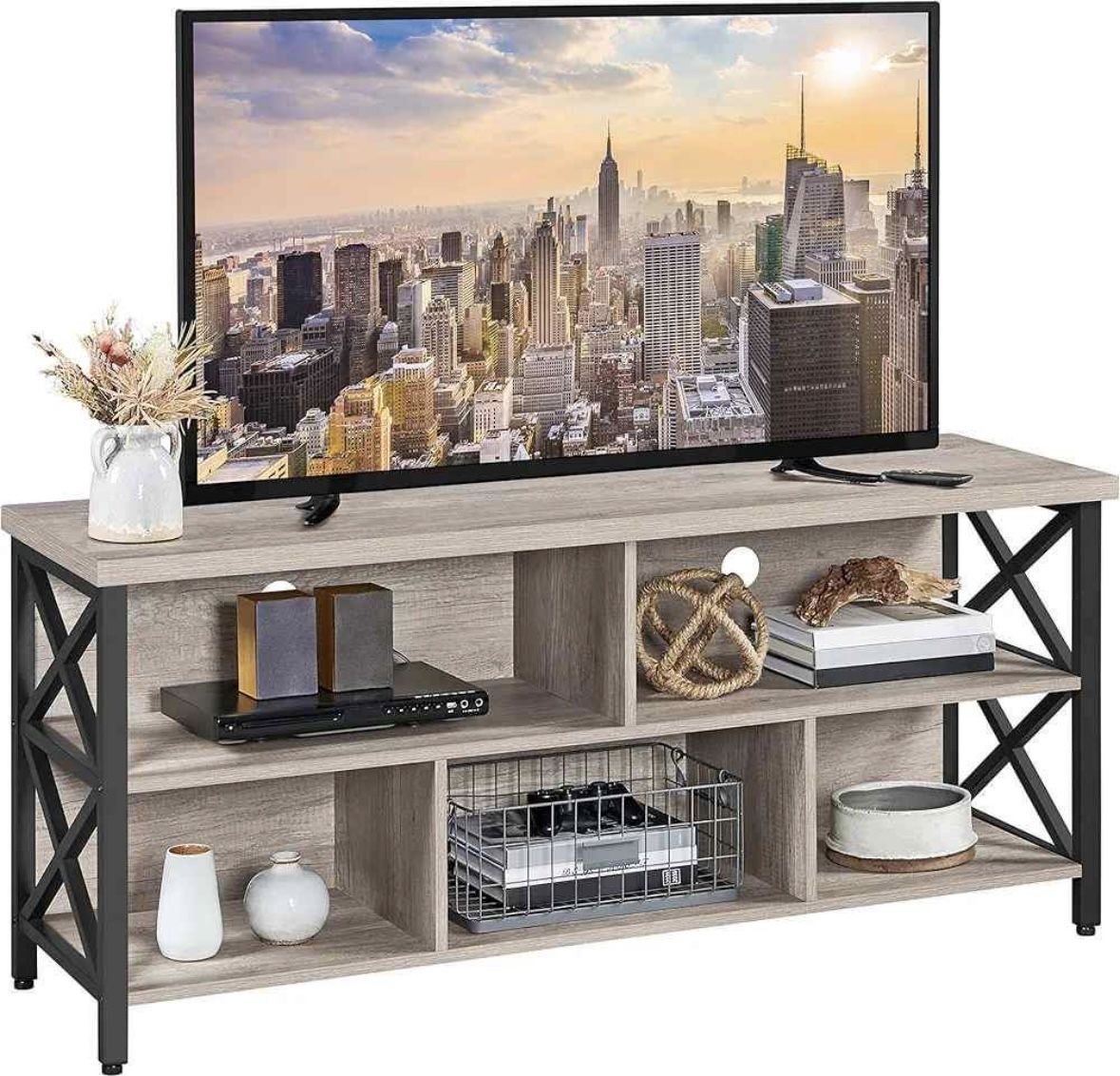 Modern Black & Brown Wood TV Stand – 5 Storage Compartments