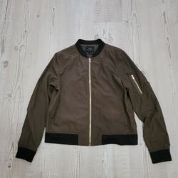 Zara Khaki Olive Brown Bomber Jacket with Black Trim