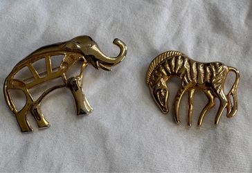 Gold Tone Elephant and Zebra Brooch Pin Set