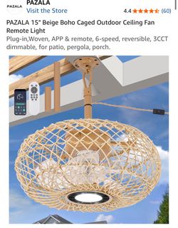 PAZALA 15" Beige Boho Caged Outdoor Ceiling Fan with Light
