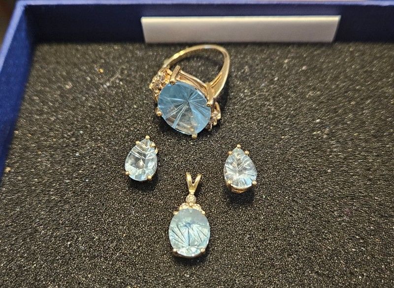 14K Gold Blue Topaz Jewelry Set | 3.5ct Starburst Cut | Ring Earrings Pendant | Vintage Heirloom