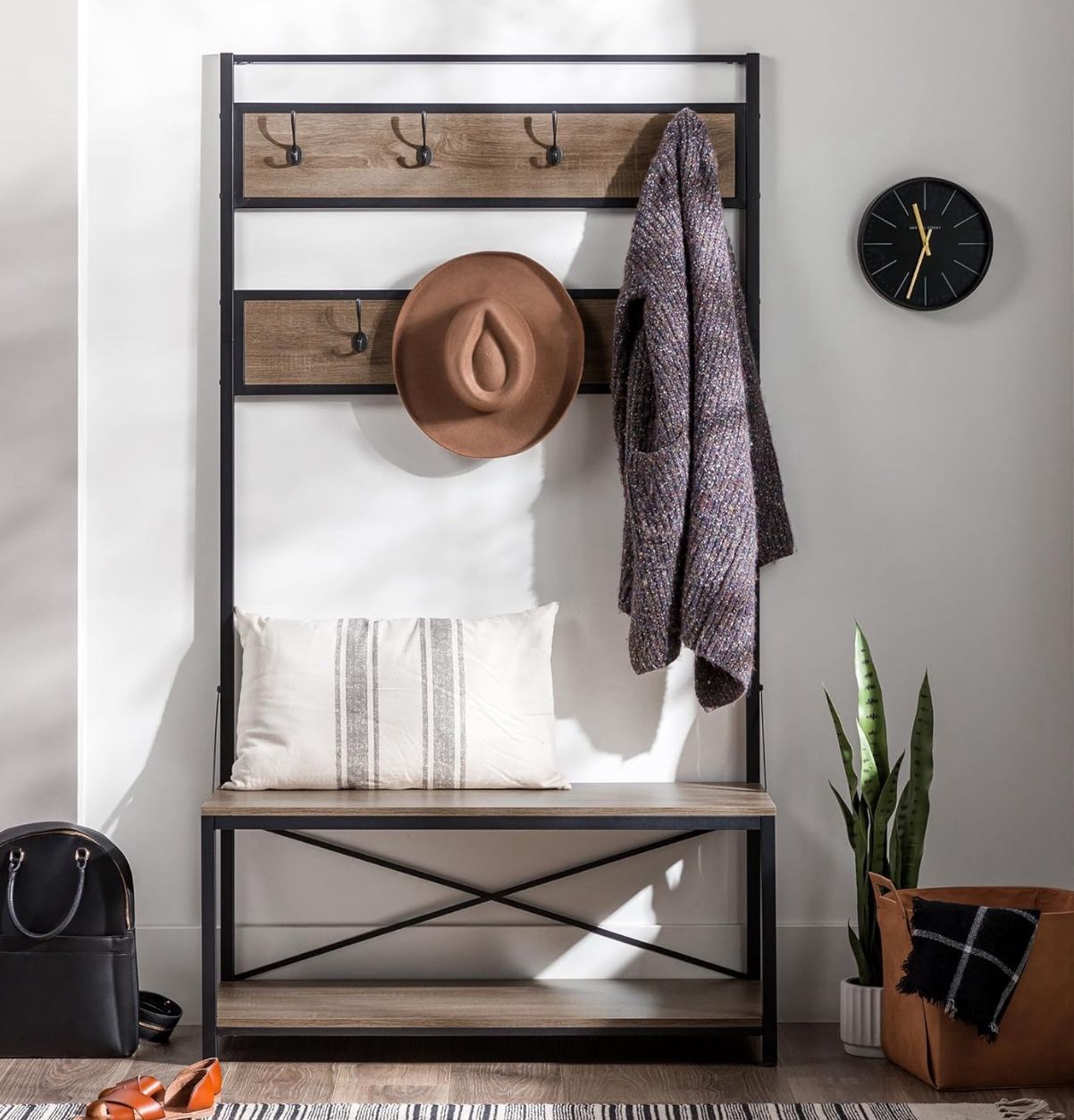 Modern Farmhouse X Back Hall Tree with Bench, 72 Inch, Driftwood