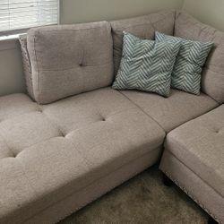Linen Sectional Sofa with Storage Ottoman, 2-Seater Quilted Upholstered Corner Sofa for Living Room