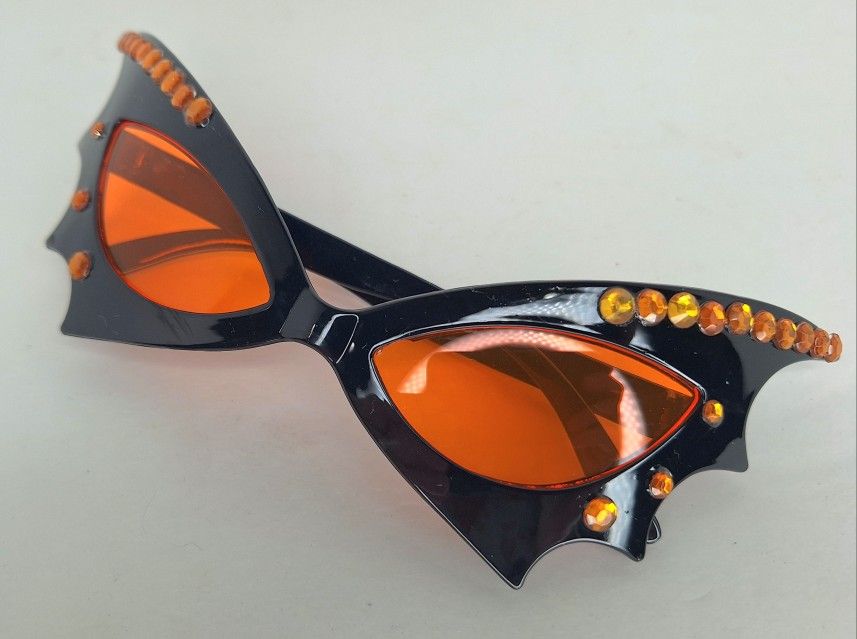 Orange and Black Bat Wing Sunglasses with Rhinestone Embellishments