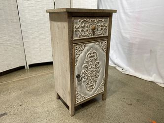 Gray Natrual Wood Accent Cabinet with White Floral Carved Details