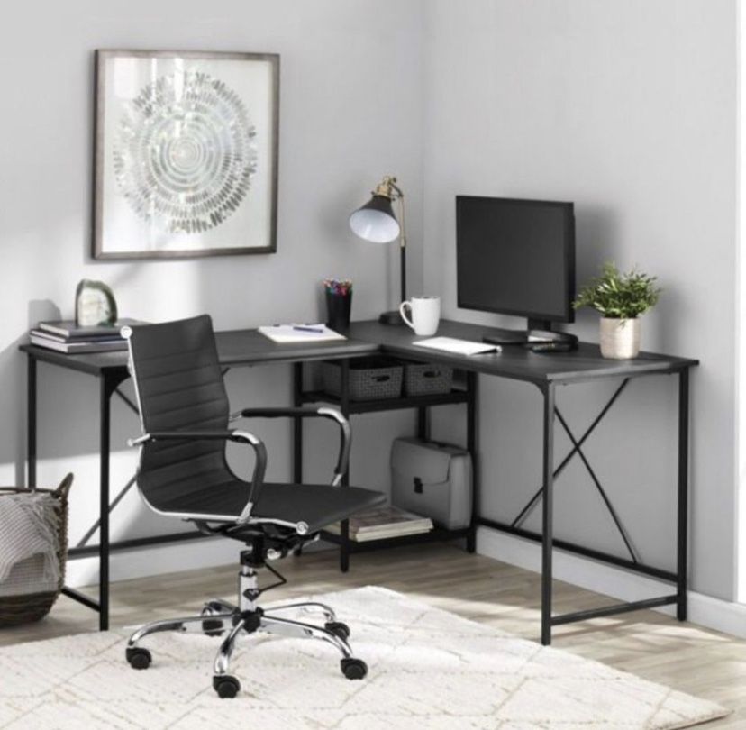 Mainstays Two-Way Convertible Desk with Lower Storage Shelf, Charcoal Finish and Black Metal Frame new in box