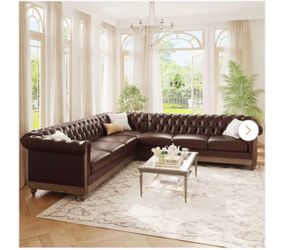 104 in. Flared Arm PU Leather Sectional Sofa with Wooden Legs in. Dark Brown