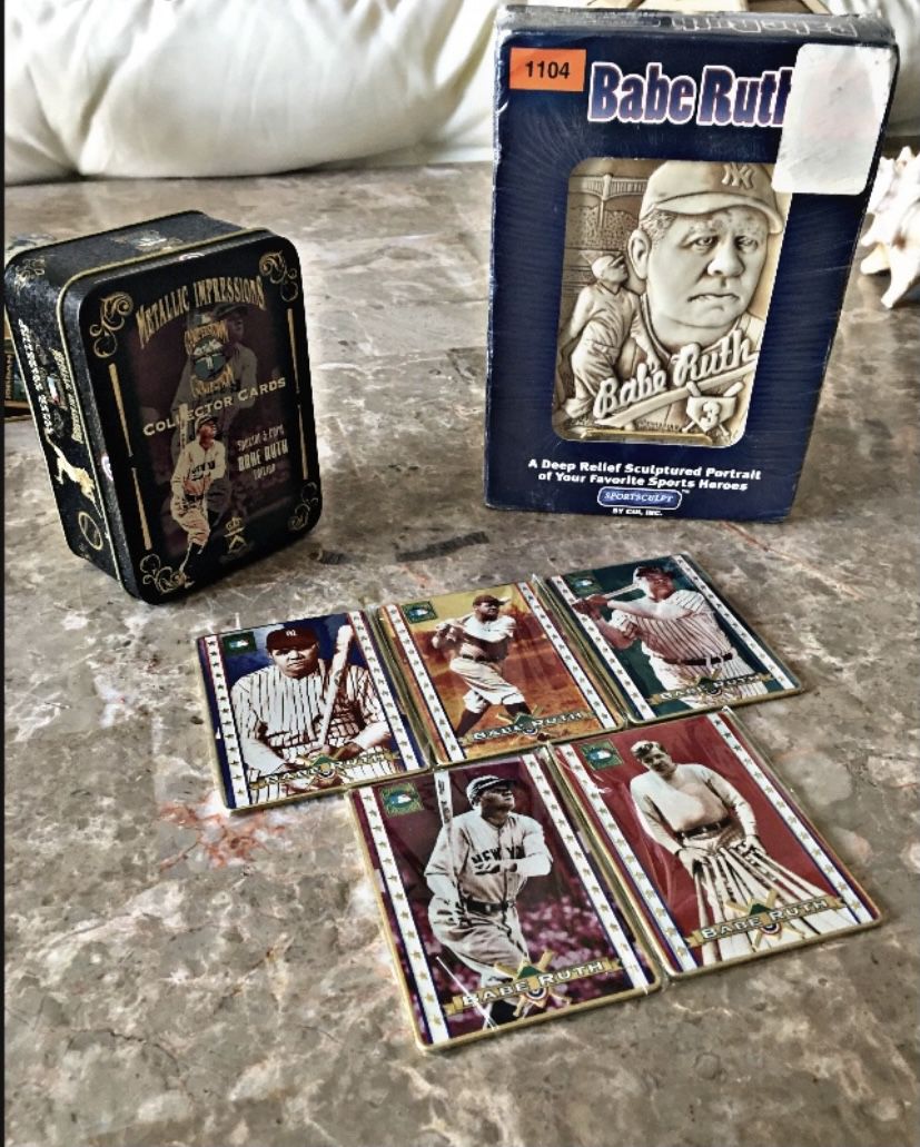 New 1990s Babe Ruth Lot Stone Sculpture And 5 Card Metal Set 