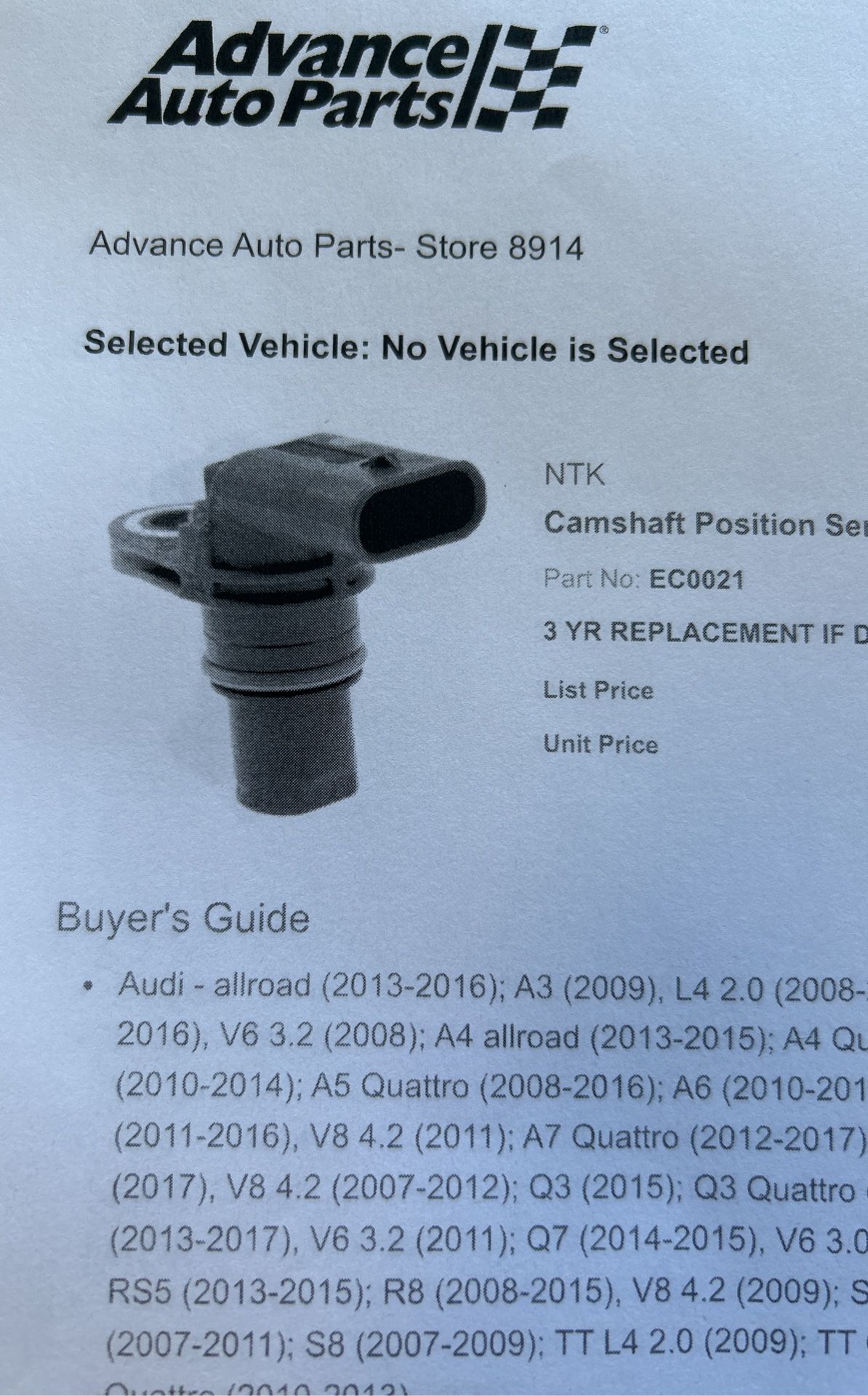 Audi Volks Camshaft Position Sensor Part