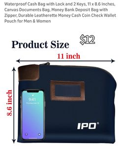 Waterproof Cash Bag with Lock and 2 Keys, 11 x 8.6 Inches, Canvas Documents Bag, Money Bank Deposit Bag with Zipper, Durable Leatherette Money Cash Co