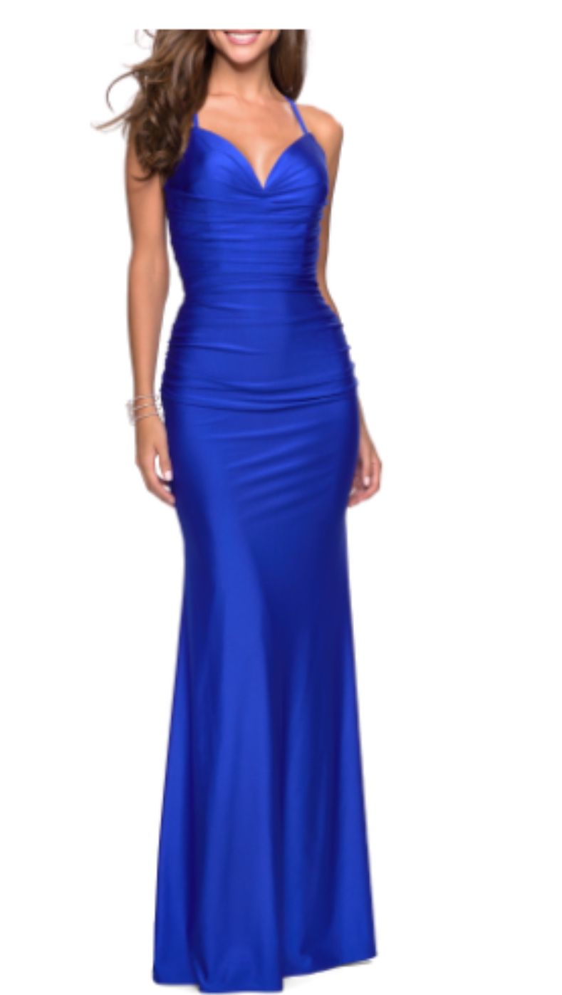 Blue Strappy Back Ruched Trumpet Gown La Femme Size 0