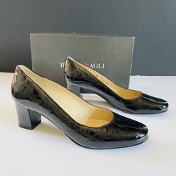 Bruno Magli Danbel Womens Black Patent Leather Crocodile Print Block Heel Pumps