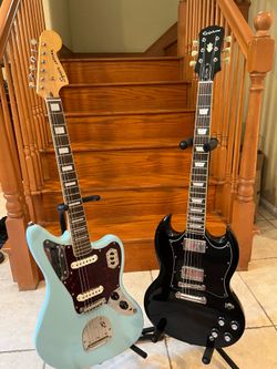 Squier Classic Vibe Jaguar (Mint) and Epiphone SG Pro