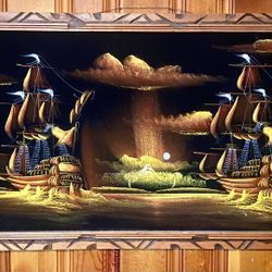 Large Vintage “Nautical” Black Velvet Painting w/ Carved Wooden Frame