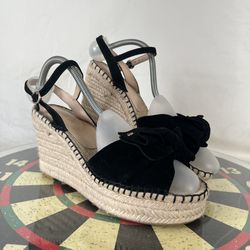 Kate Spade Black Suede Fanni Espadrille Wedge Sandals Bow Peep Toe Size 9 M