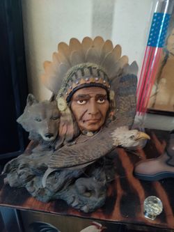 Native American Chief Figurine with Wolf and Eagle