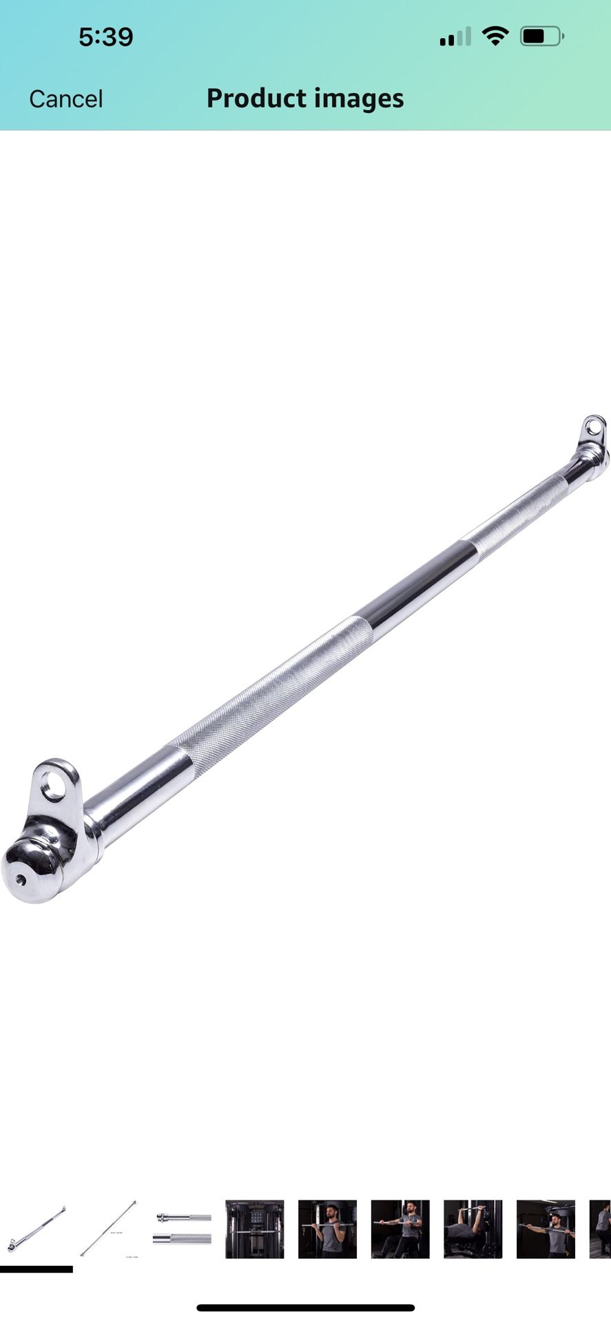 48" Straight Ez Curl Lat Pull Down Bar with Revolving Double Hook for Dual Pulley Cable Machines, Functional Trainer Multi-Purpose Attachment