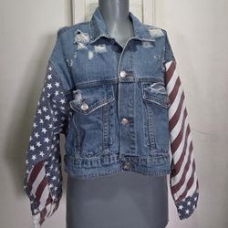 Signature 8 Denim Jacket Stars And Stripes Size S/M Distressed.