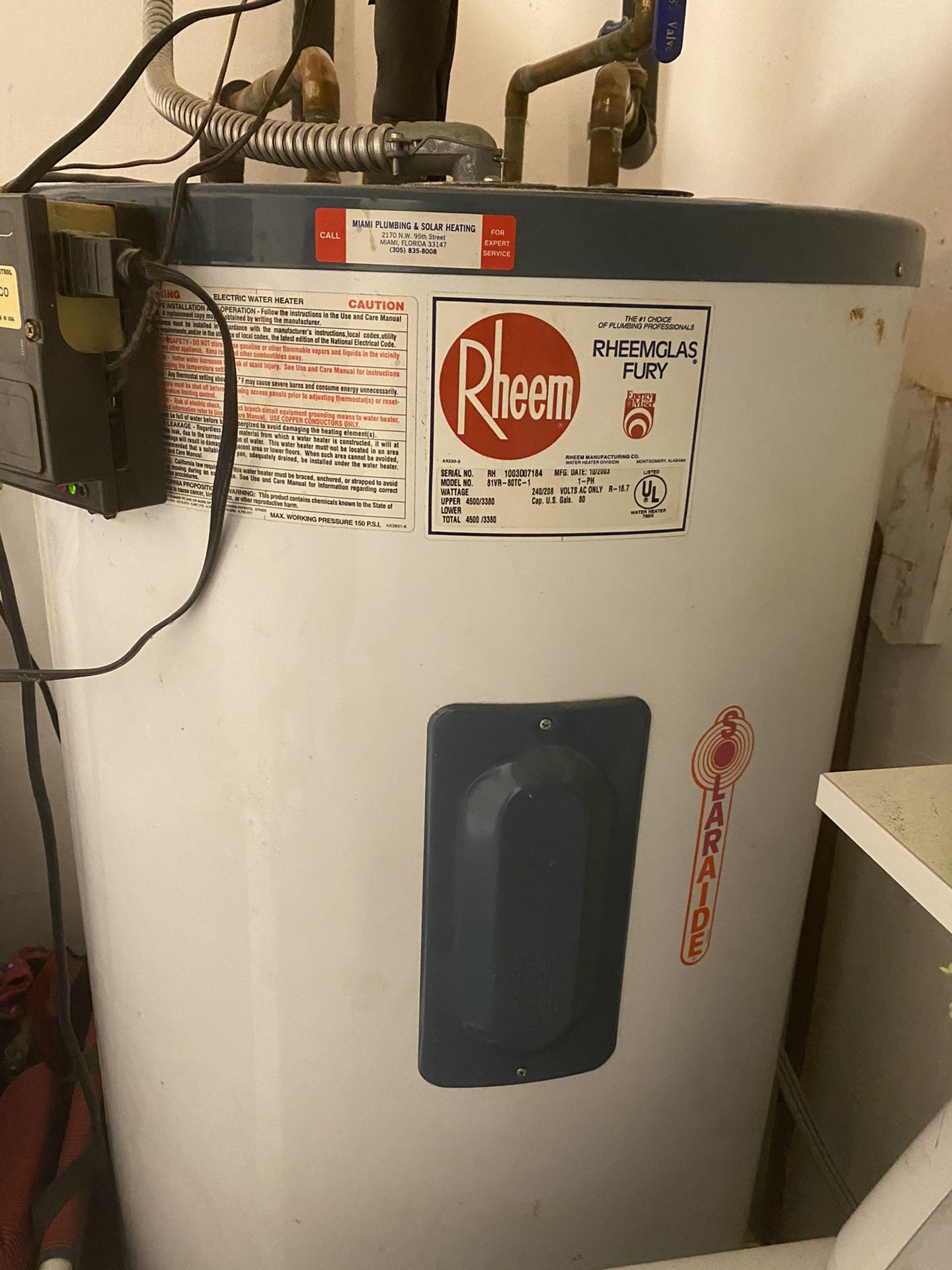 Rheem 80 Gallon Water Heater Tank (model 81vr80tc1) with bonus Solar Panel Connection