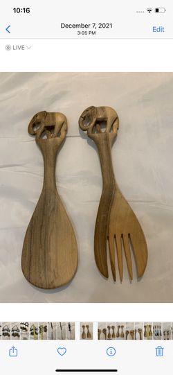 Vintage Carved Wood Salad Fork & Spoon Serving Utensils - Elephants