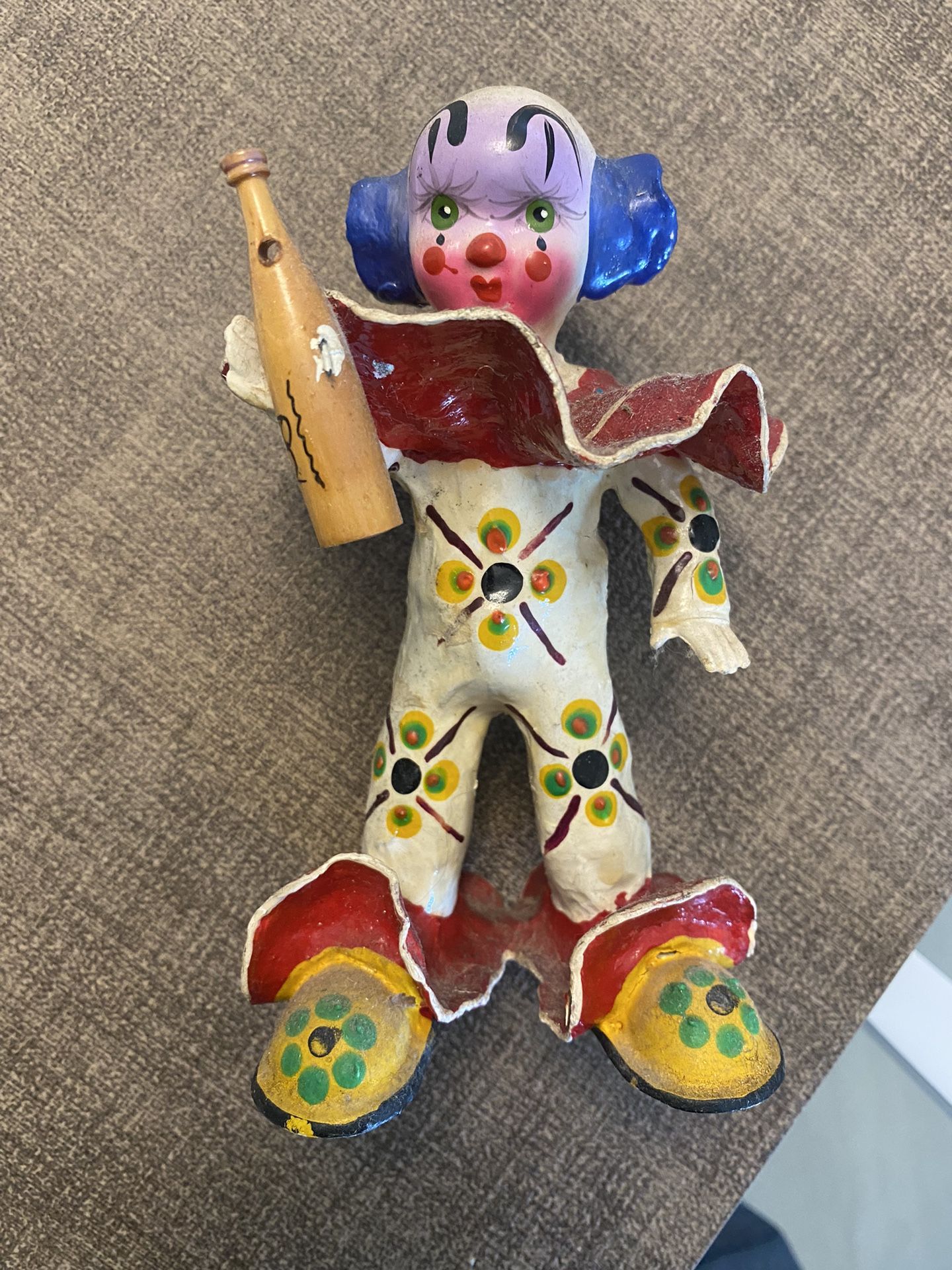 Smaller Vintage Paper Mache Clown With Bottle In Hand Hand Made And Painted stands alone fragile