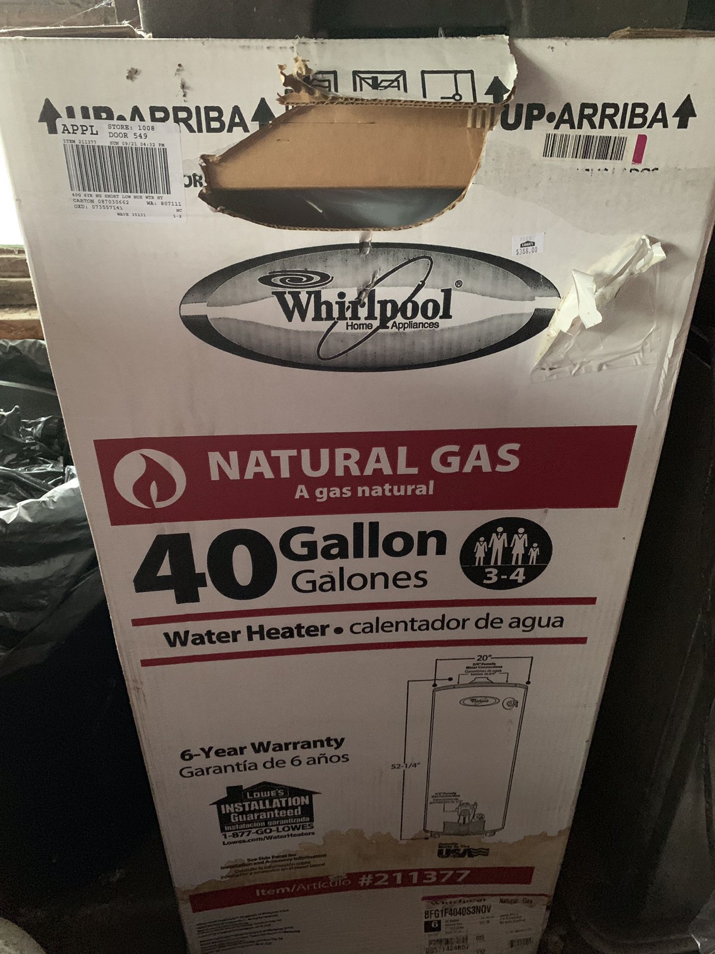 Whirlpool 40 gallon gas water heater