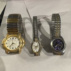 Mixed Lot of 3 Vintage women's two tone stretch bracelet band wristwatch’s  Need Batteries  