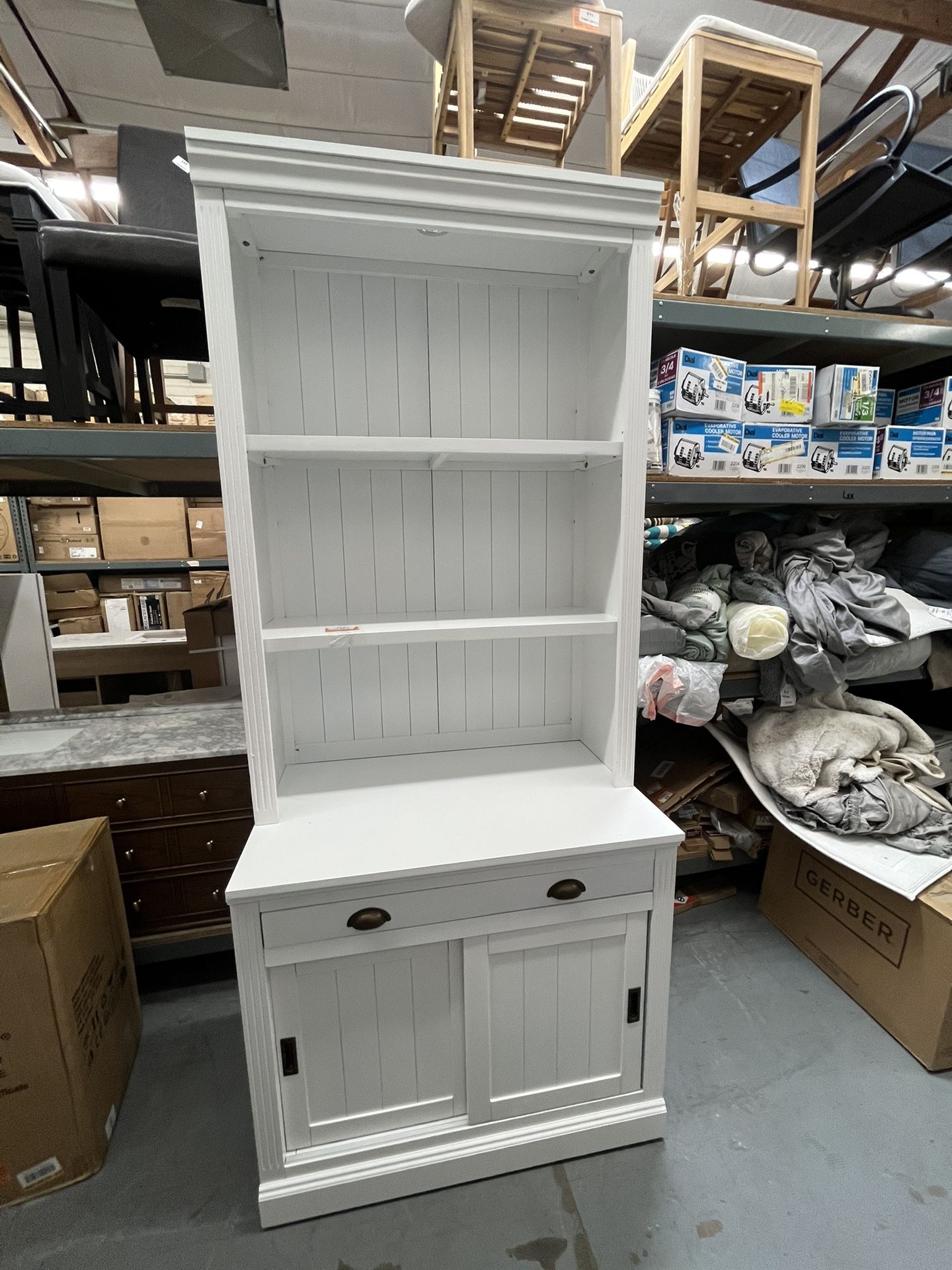 83.4 in. Tall White Wood 3-Shelf Standard Bookcase with Drawer, Sliding Doors and LED Light