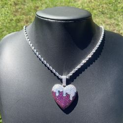 14k White Gold Plated Drippy Heart Iced Pendant With Rope Chain