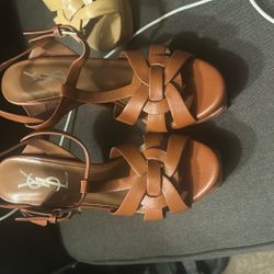 Ysl Saint Laurent Tribute Platform Sandals in Smooth Leather Amber Color