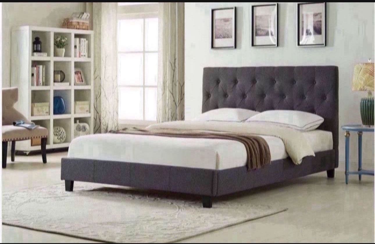Brand New In Box Full Size Dark Grey Linen Upholstered Bed With Mattress. Assembly Required, We Can Deliver, Cama Con Colchon.