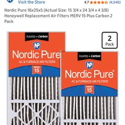 Nordic Pure 16x25x5 (Actual Size: 15 3/4 x 24 3/4 x 4 3/8) Honeywell Replacement Air Filters MERV 15 Plus Carbon 2 Pack
