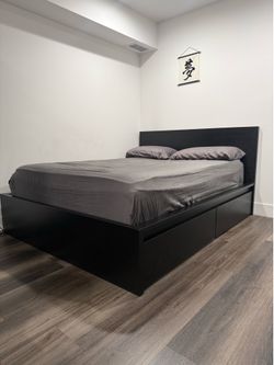 IKEA MALM Queen Bed Frame w/ 2 Storage Drawers + LUROY Slats – Black