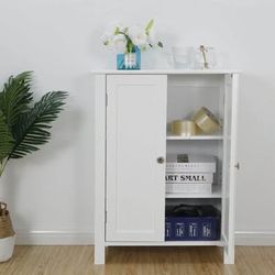 New White Wooden Bathroom Floor Cabinet Storage Cupboard 3 Shelves Save Space