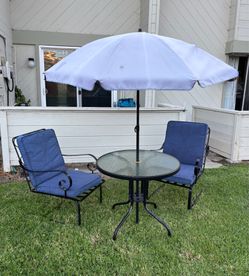 Beautiful Outdoor Patio Set With 2 Wrought Iron Cushioned Chairs And Umbrella
