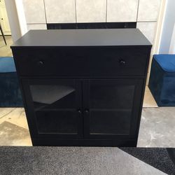 NEW Accent Cabinet.  Black Wood With 2glass Doors & 1 Drawer 31.5”h X 31.5”w x15.7”deep. 